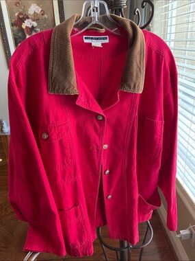 Jennifer Moore Bright Red Cotton Utility Jacket with Brown Corduroy Collar